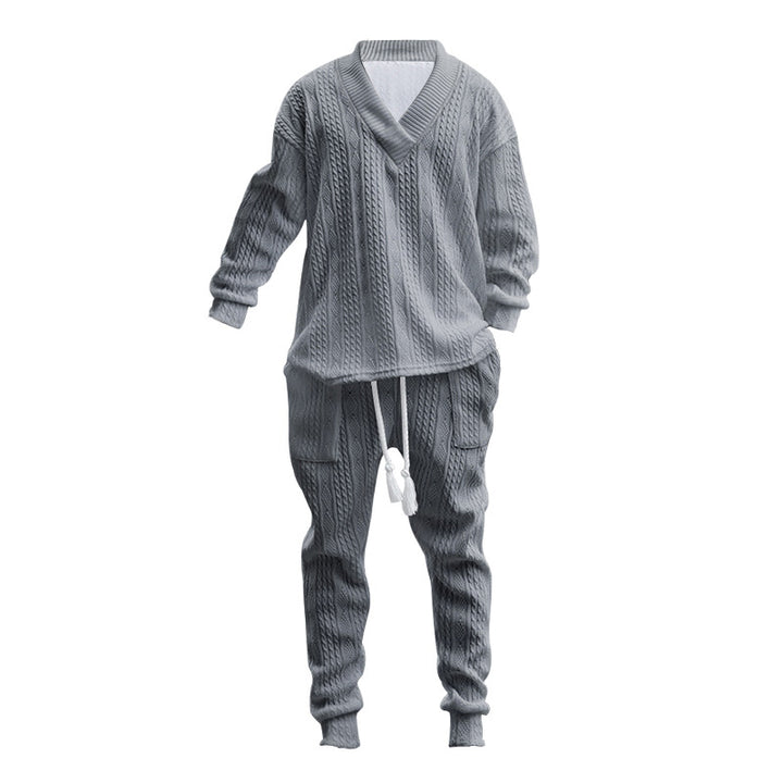 Men's comfortable cable knit set with deep V-neck, drawstring joggers and cuff Mune Fashion