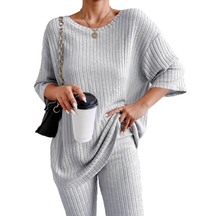 Women’s Casual Ribbed Knit Lounge Set with Oversized Short Sleeve Top and High Waist Biker Shorts Mune Fashion