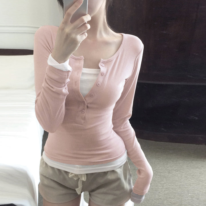 Women's tailored henley crop long sleeve with contrasting hem and sleeve cuffs Mune Fashion