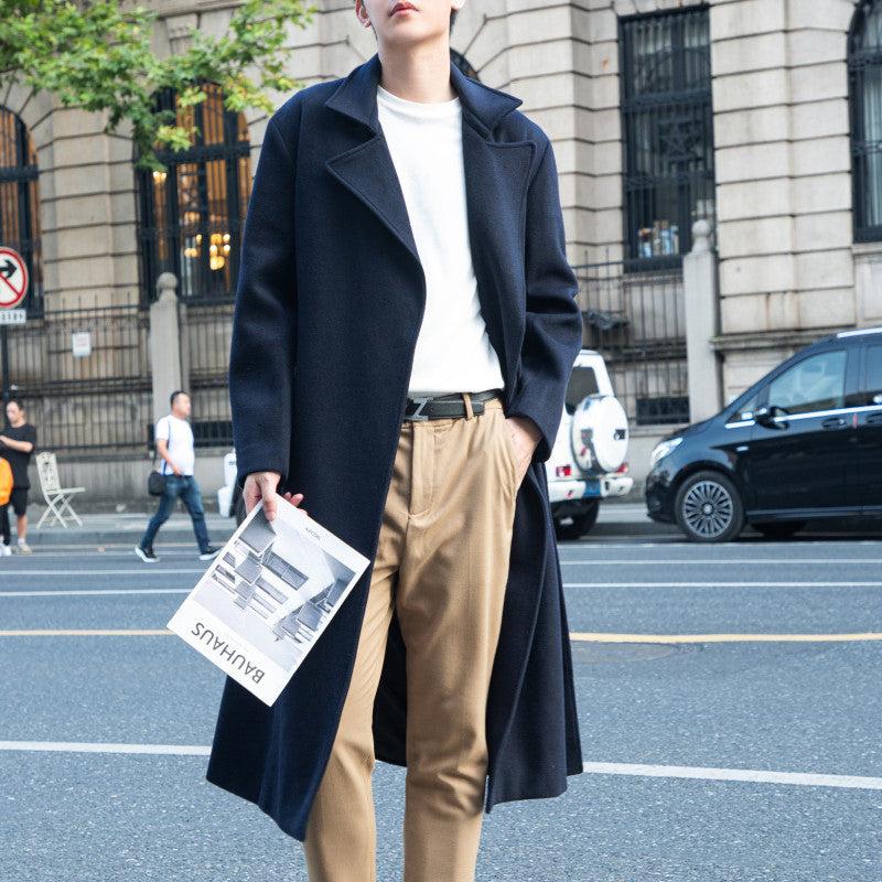 Men's Maxilength Wool Blend Overcoat with Minimalist Silhouette and Concealed Button Placket Mune Fashion