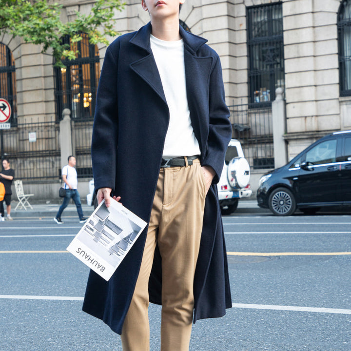 Men's Maxilength Wool Blend Overcoat with Minimalist Silhouette and Concealed Button Placket Mune Fashion