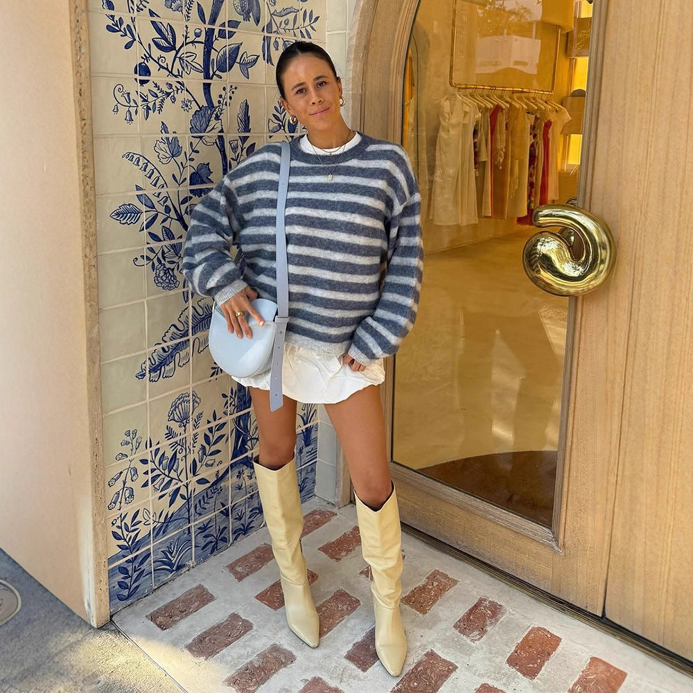 Women Striped Mohair-Mix Oversized Sweater with Balloon Sleeves Mune Fashion