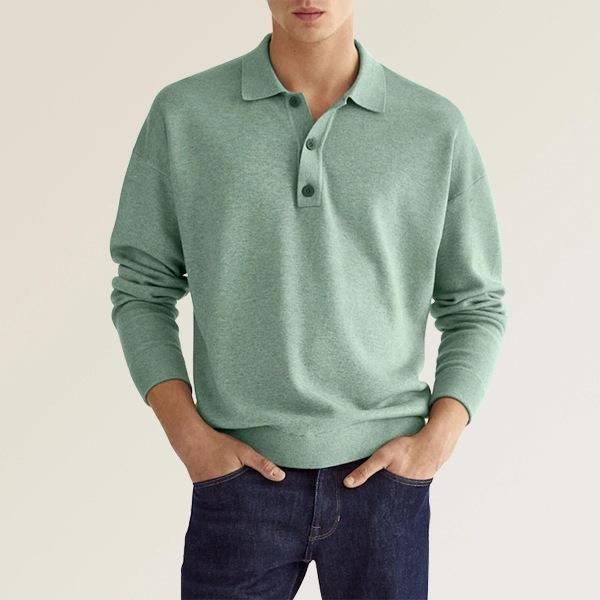 Men's fine knit polo sweater with long sleeves, ribbed cuffs, and subtle button placket EB
