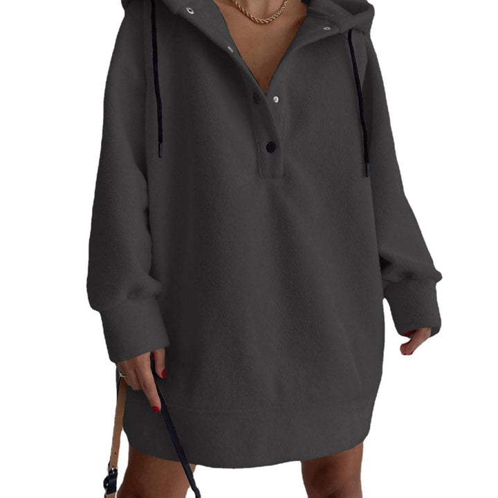 Women's cozy hooded fleece tunic sweatshirt with snap button placket and dropped shoulder Mune Fashion