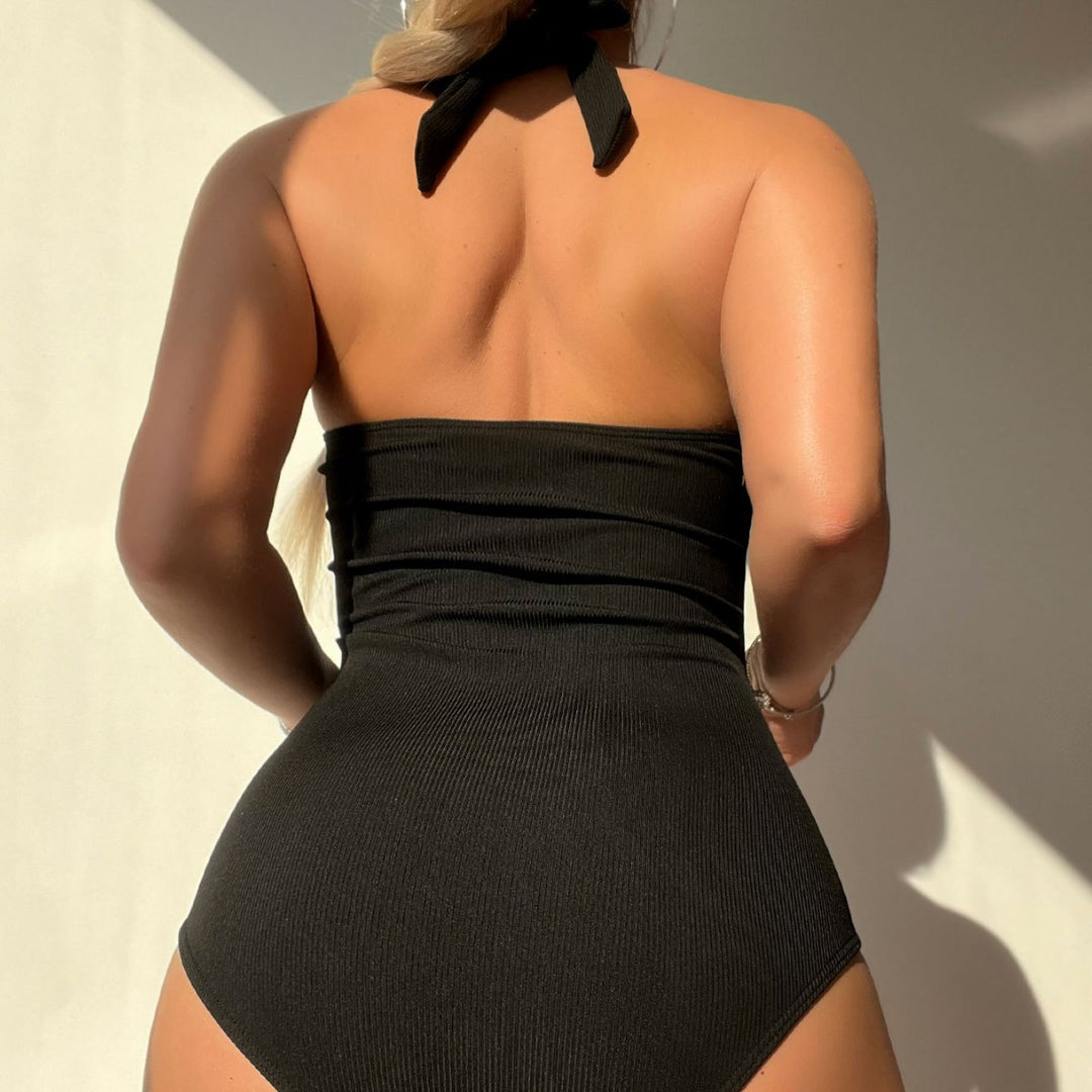 Ladies Elegant Swimsuit with Deep V-Neck and Ruching Mune Fashion