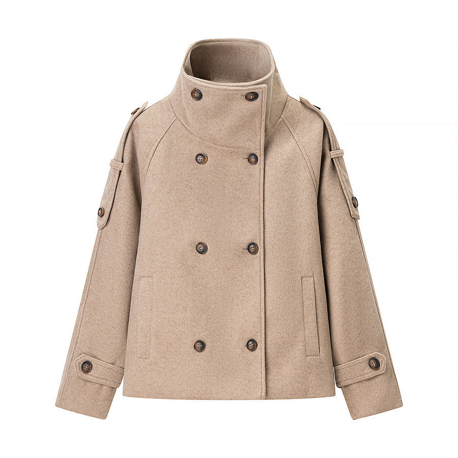 Women's Short Double-Breasted Wool Peacoat with Stand-Up Collar Mune Fashion