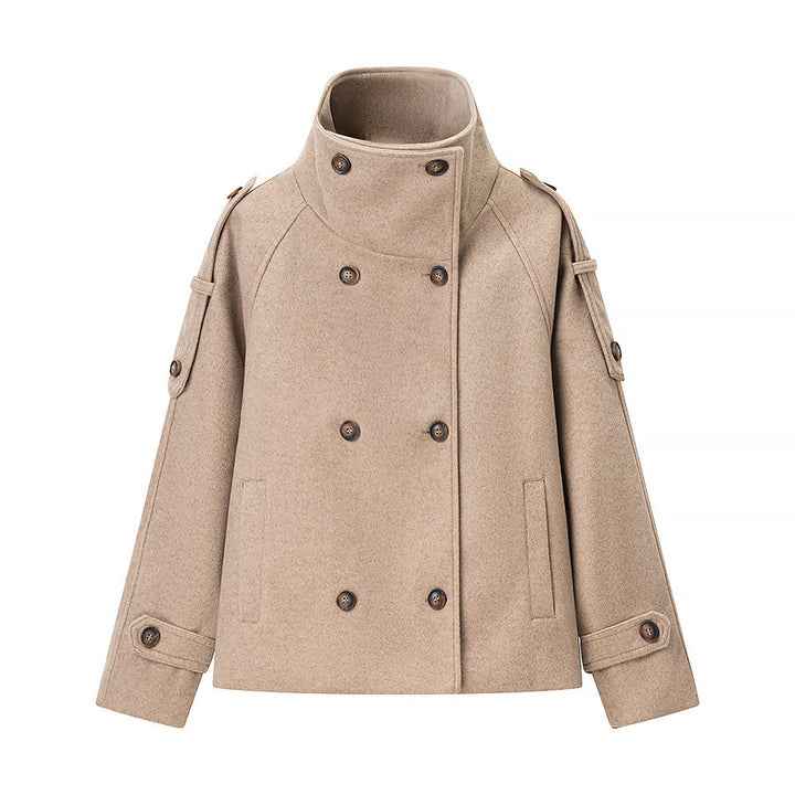 Women's Short Double-Breasted Wool Peacoat with Stand-Up Collar Mune Fashion