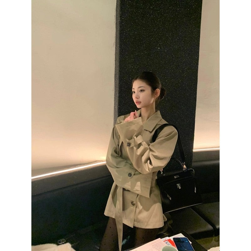 Women's Short Fitted Trench Coat Blazer with Double-Breasted and Waist Belt Mune Fashion