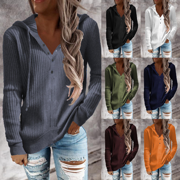 Women's Casual Ribbed Hoodie Sweater with Henley Button Placket and Drawstring Hood