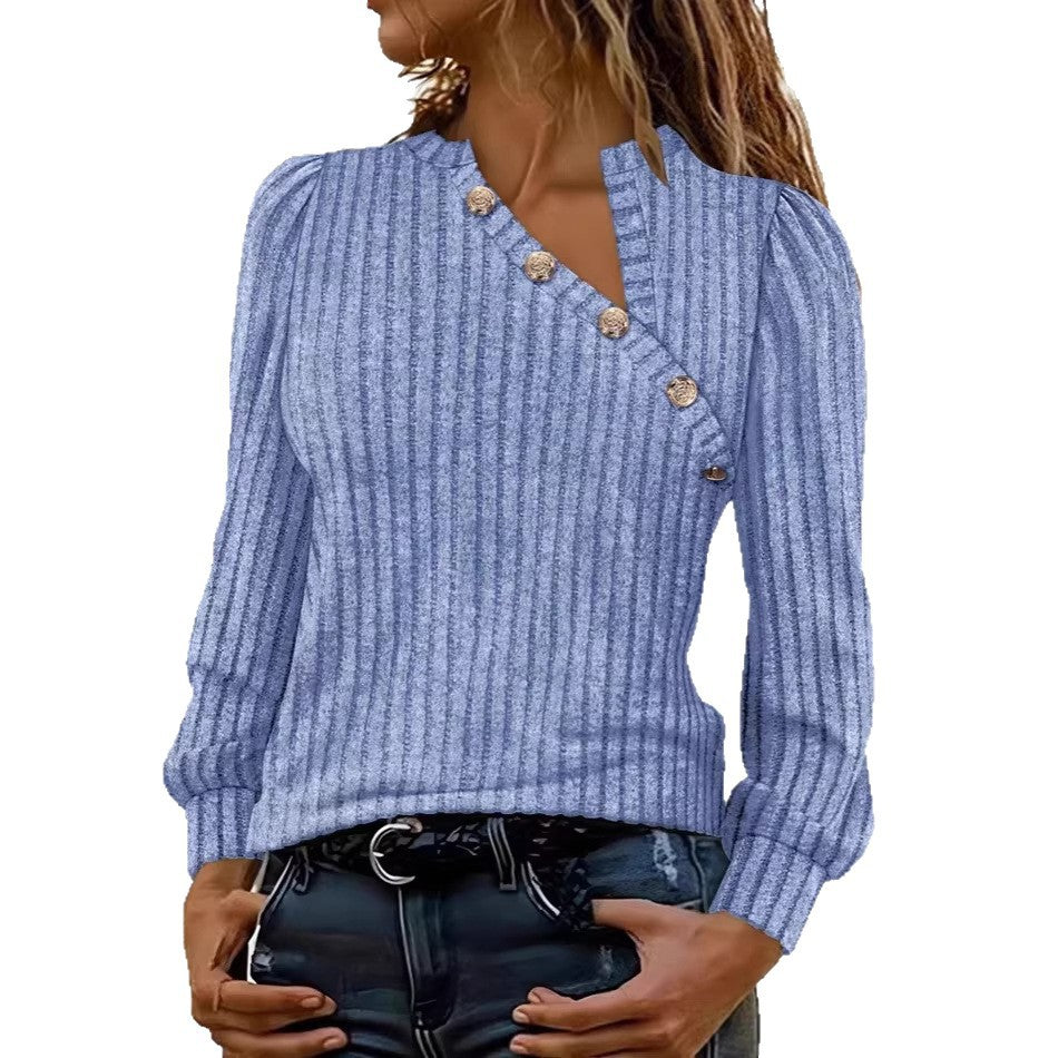 Women's Ribbed Fine Knit Sweater with Asymmetrical Button Placket Drune
