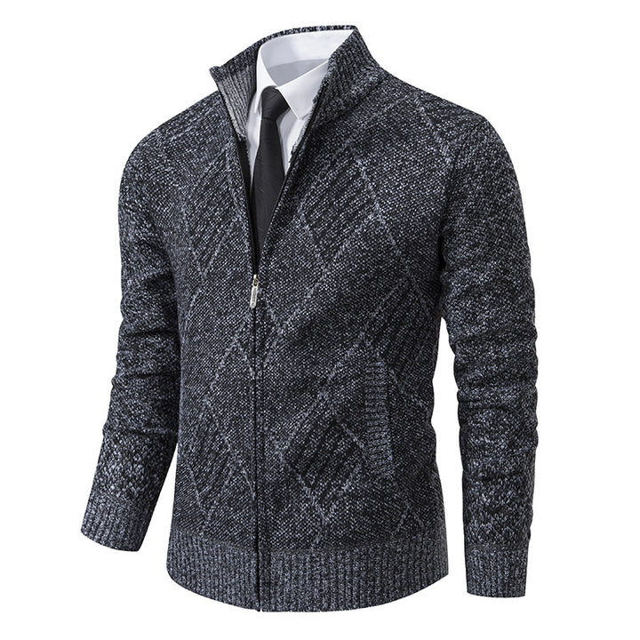 Men's fine knit zip jacket with structured diamond pattern, stand-up collar and continuous zipper Mune Fashion