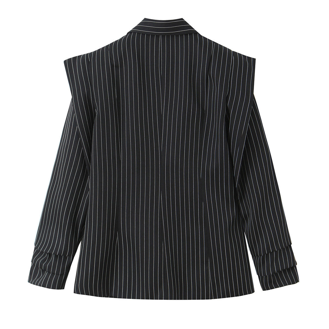 Women Double-breasted Oversized Blazer with Pinstripes and Distinctive Shoulder Pads Mune Fashion