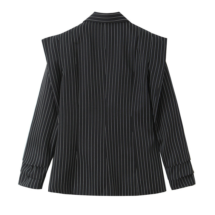 Women Double-breasted Oversized Blazer with Pinstripes and Distinctive Shoulder Pads Mune Fashion