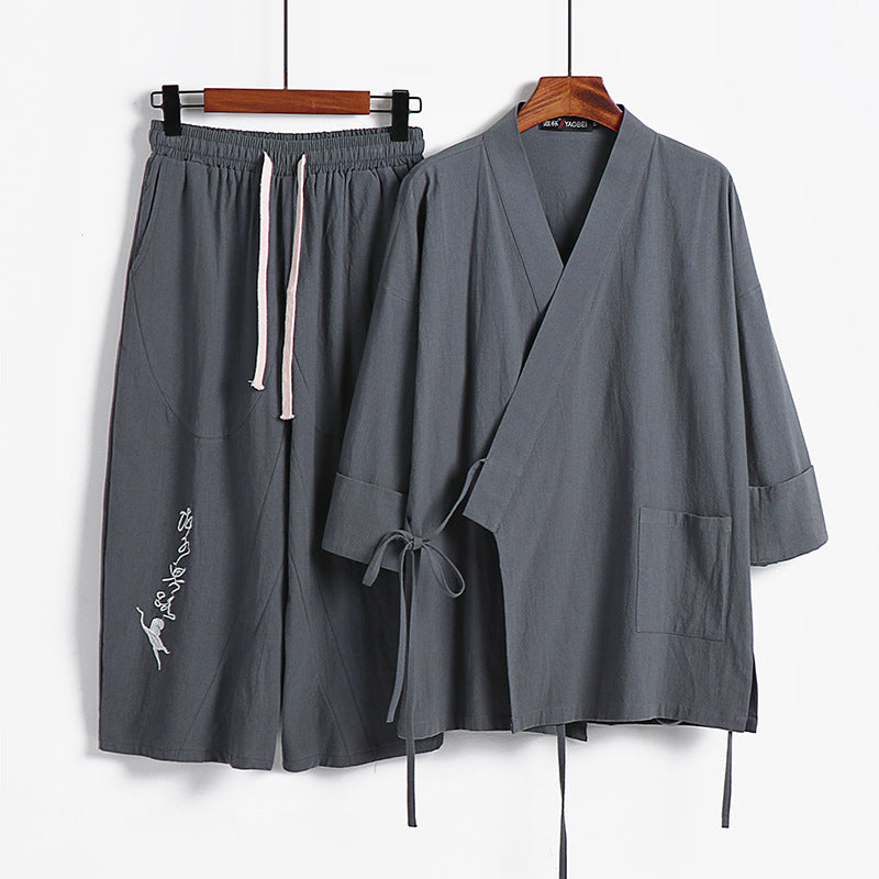 Unisex Lightweight Kimono Loungewear Set made of Cotton-Linen with Embroidered Harem Pants and Tie Belt Mune Fashion