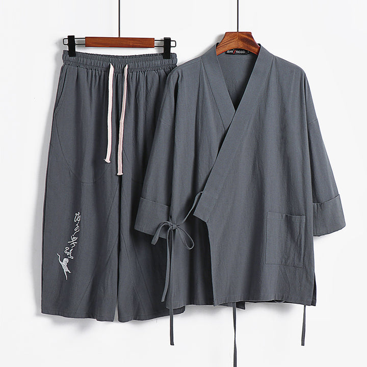 Unisex Lightweight Kimono Loungewear Set made of Cotton-Linen with Embroidered Harem Pants and Tie Belt Mune Fashion
