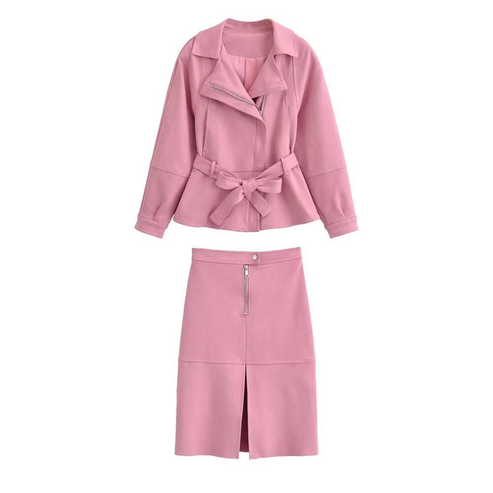 Women's short jacket with belted waist, asymmetrical lapel, and peplum hem Mune Fashion