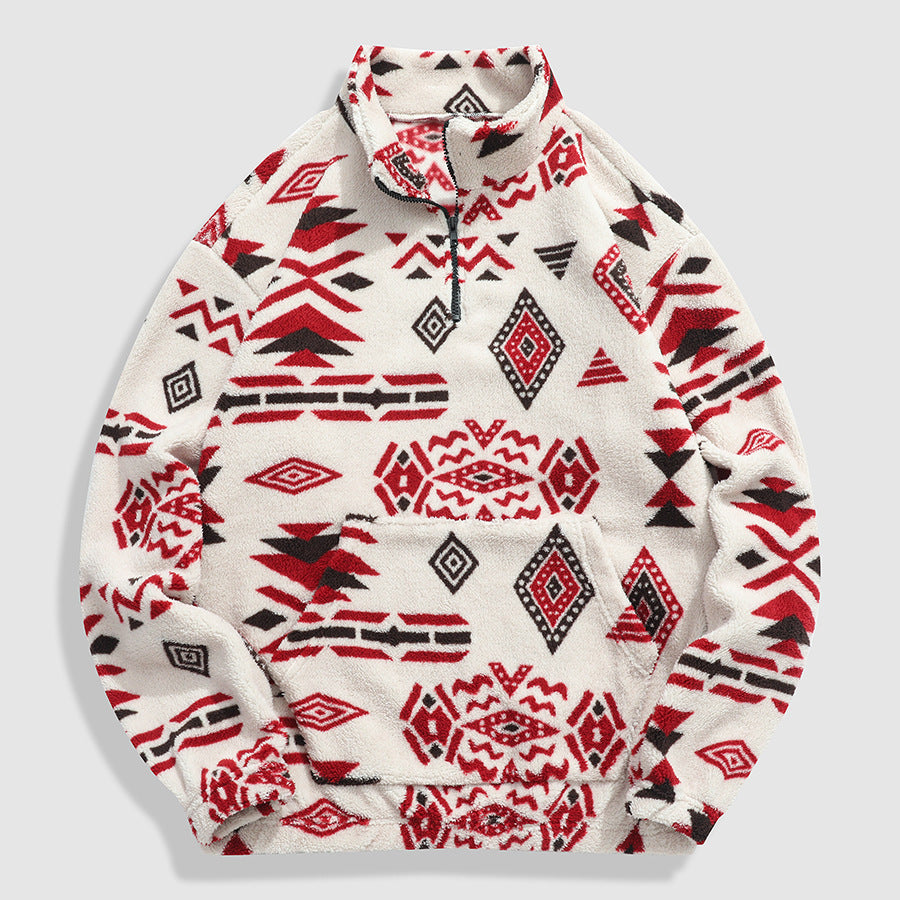 Men's Comfortable Fleece Pullover with Half Zip and Geometric Pattern Mune Fashion