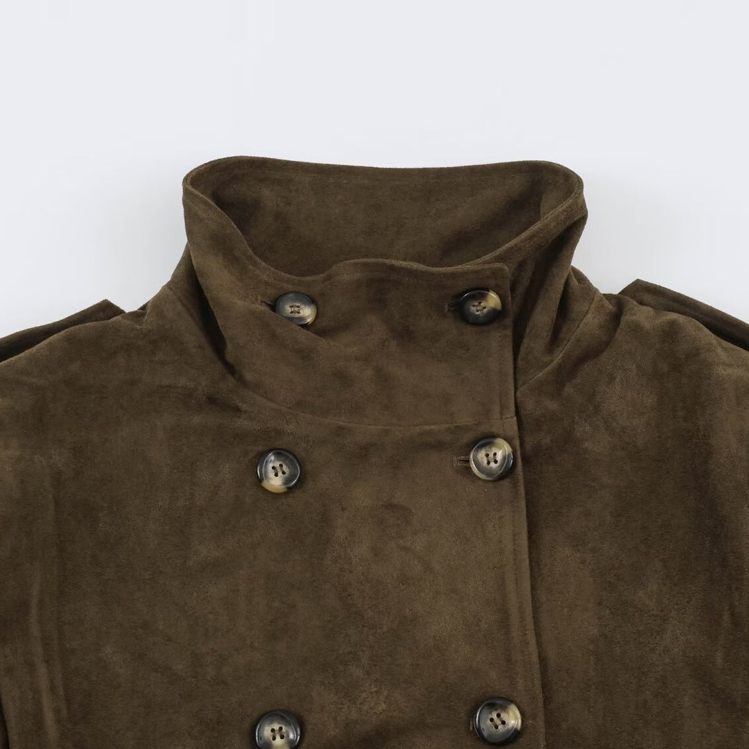 Women's Short-Cut Double-Breasted Suede-Look Bomber with Stand-Up Collar and Shoulder Patches Mune Fashion