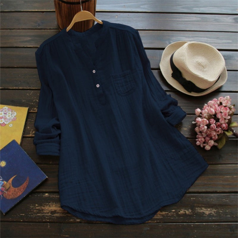 Women's loosely falling cotton tunic with stand-up collar and chest pocket Mune Fashion