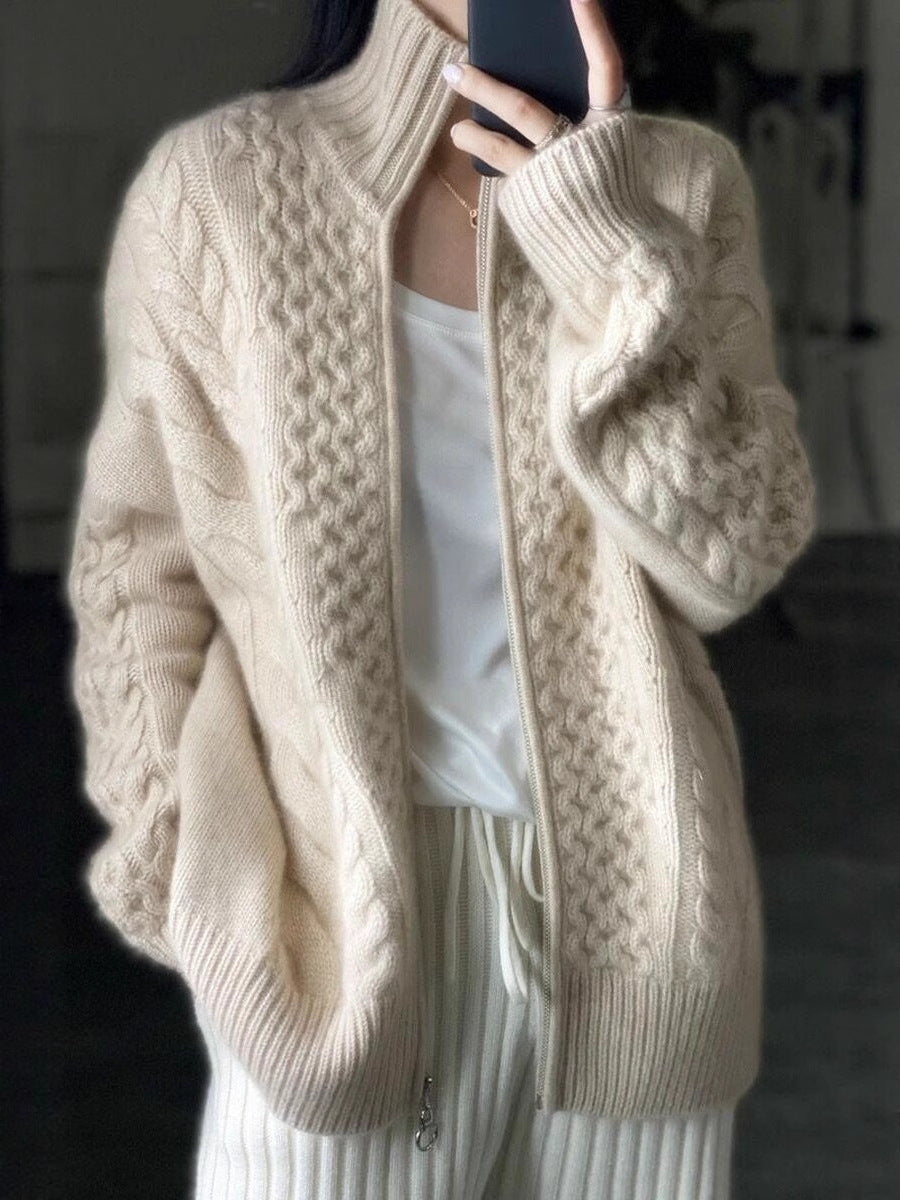 Women's cable knit cardigan with zipper and high ribbed collar Mune Fashion
