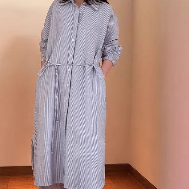 Women's Long Shirt Dress made of Poplin with fine striped texture, drawstring waist and side slits Mune Fashion