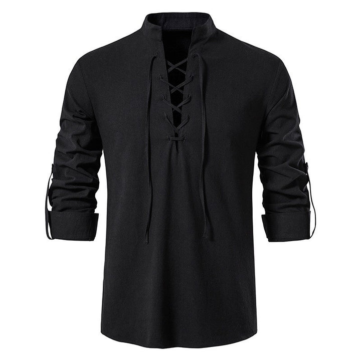 Men's casual lace-up shirt with stand-up collar, linen-cotton blend and roll-up sleeve tabs Mune Fashion