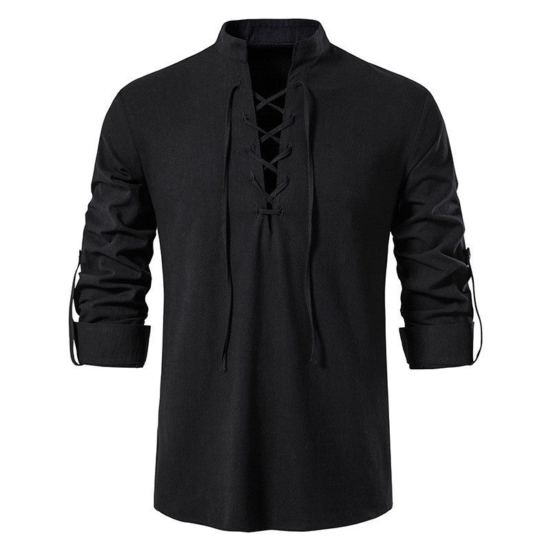 Men's casual lace-up shirt with stand-up collar, linen-cotton blend and roll-up sleeve tabs Mune Fashion