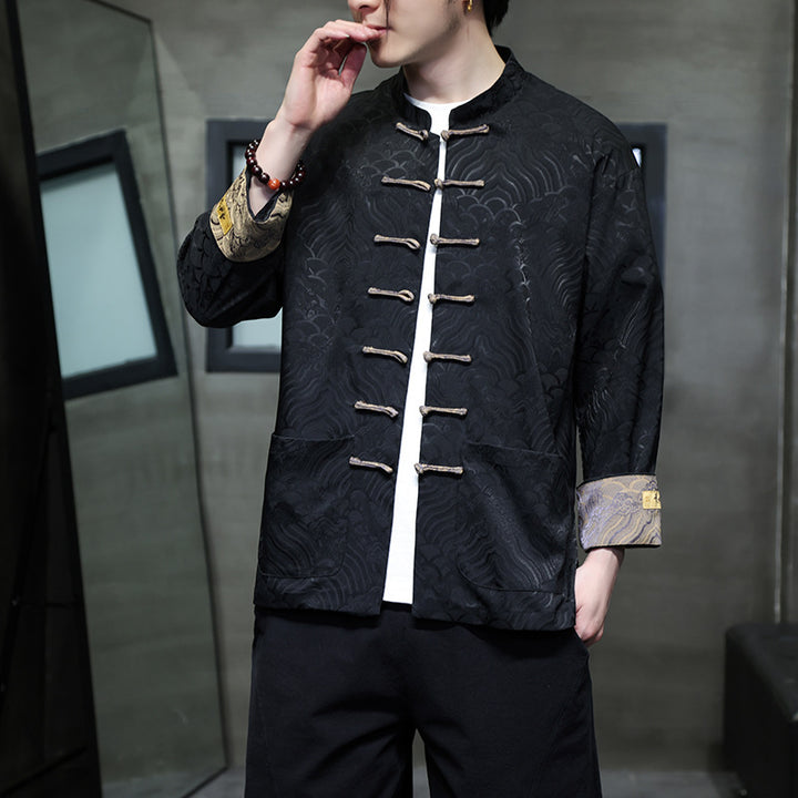 Men's traditional Tang jacket with Chinese knot closure and brocade sleeves Mune Fashion