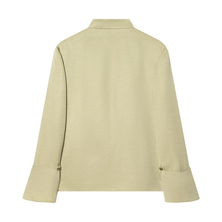 Women Asymmetrical Short Blazer with Stand Collar and Decorative Button Placket Mune Fashion