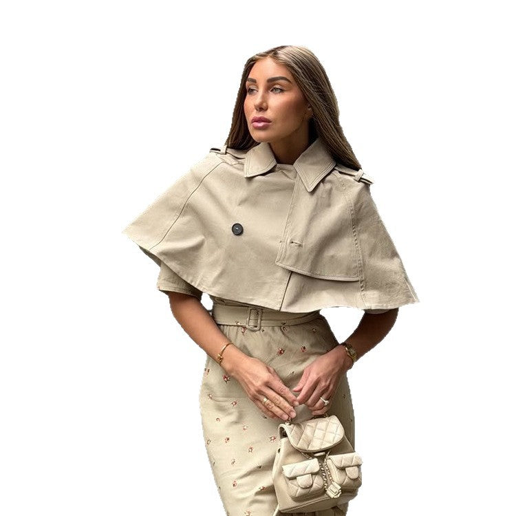 Women's Short Cape Trench with Lapel Collar, Double Button Placket and Boxy Cropped Cut Mune Fashion