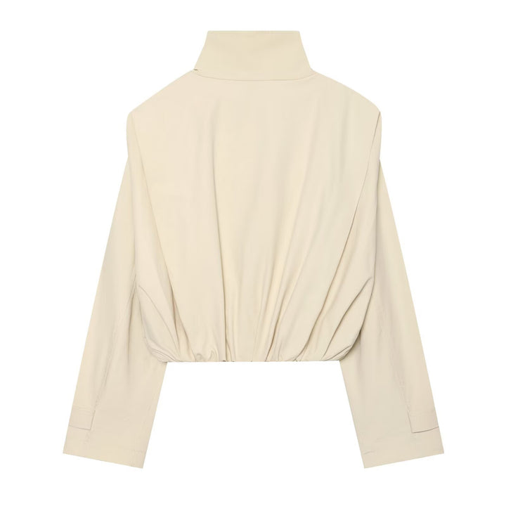 Women's Cropped Double-Breasted Trench Blouson with High Stand Collar, Epaulettes and Elastic Hem Drune