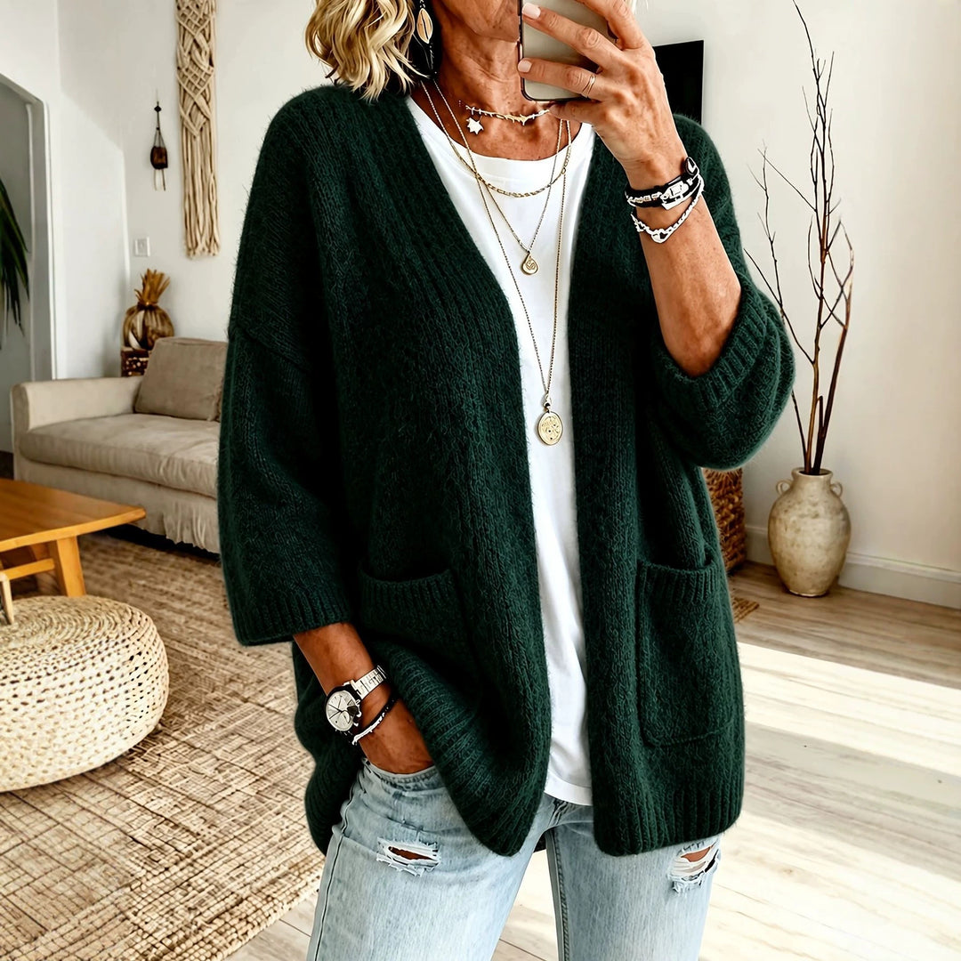 Women's Open Long Cardigan in Mohair Look with Patch Pockets and Dropped Shoulder Mune Fashion
