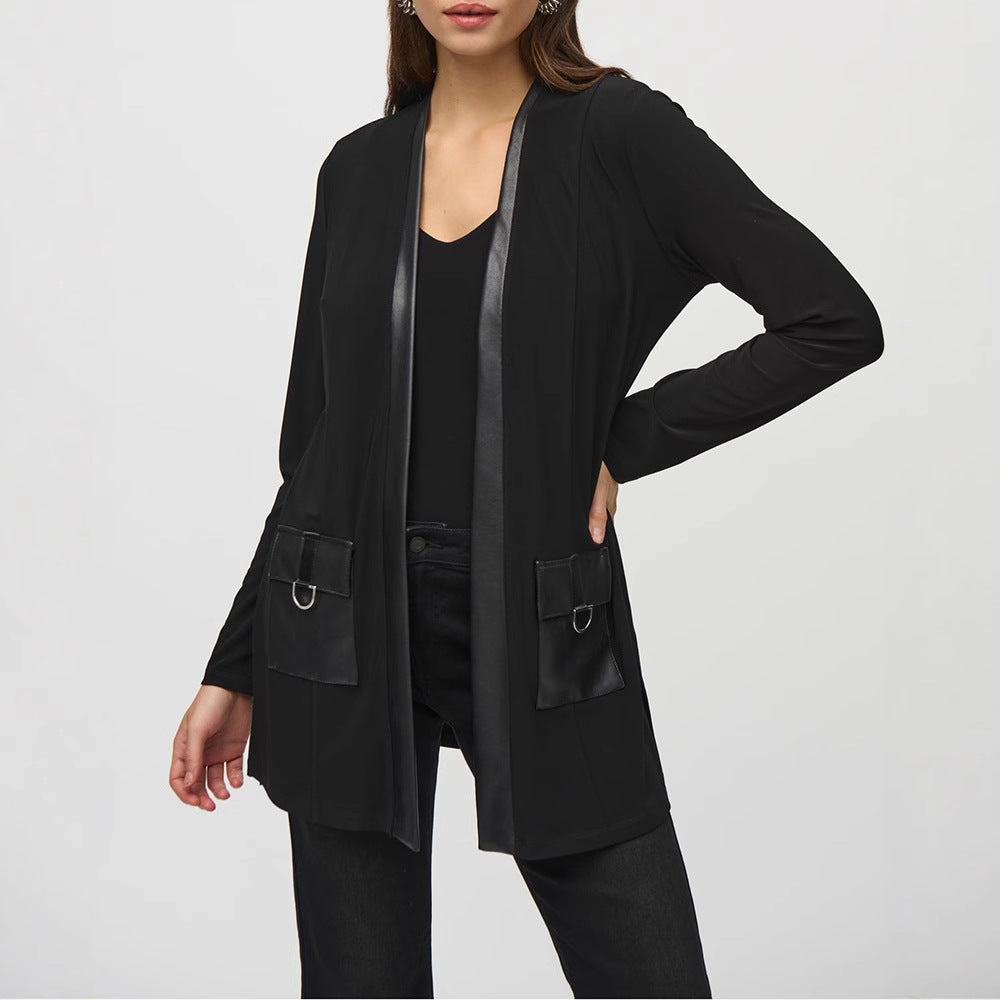 Women’s open jersey cardigan with faux leather trim and D-ring pockets Mune Fashion