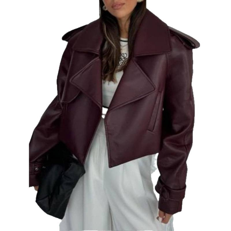 Ladies Cropped Biker Jacket made of faux leather with oversized lapels, adjustable cuffs, and epaulettes Mune Fashion
