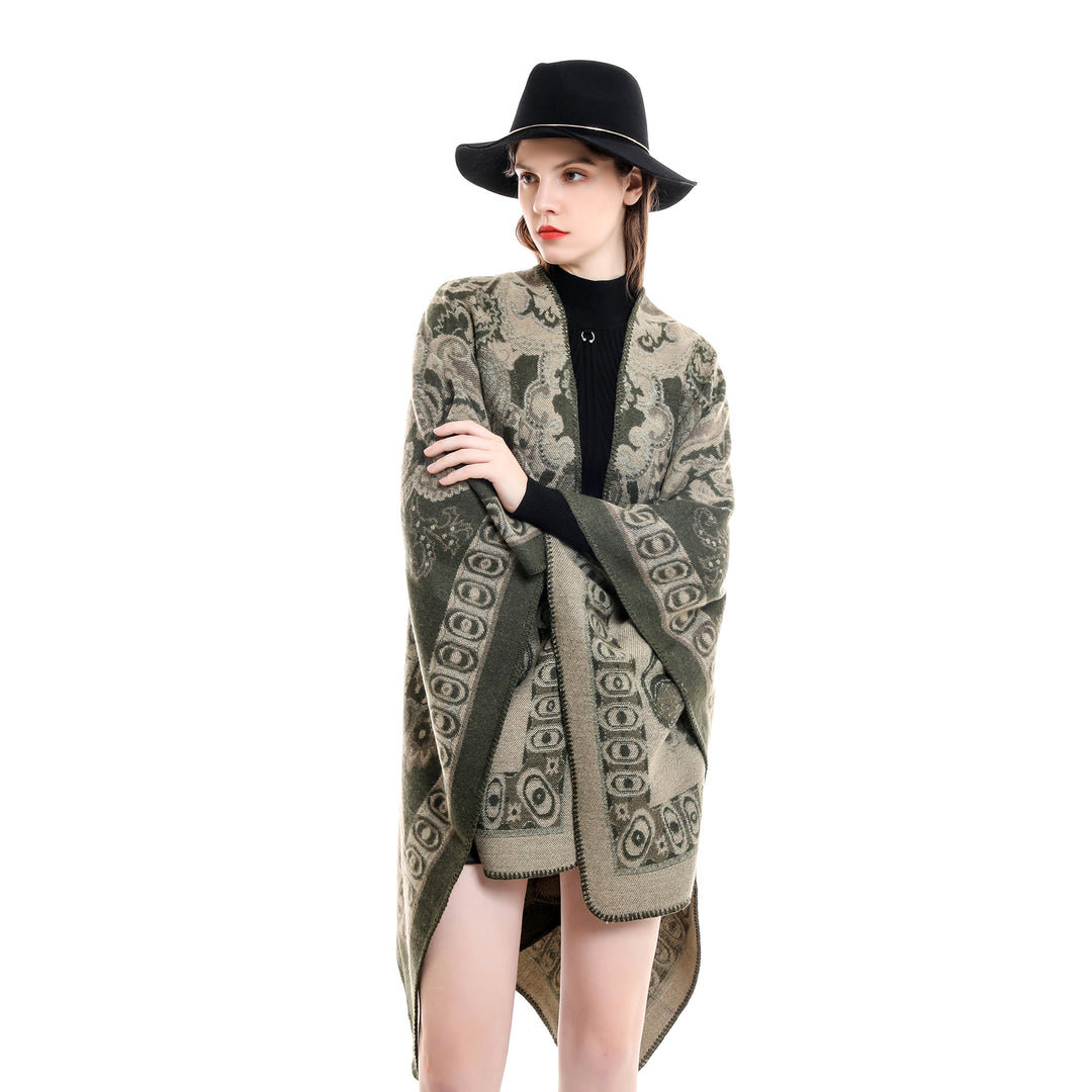 Women’s jacquard-woven oversized ruana with ornamentation and open kimono fall drape