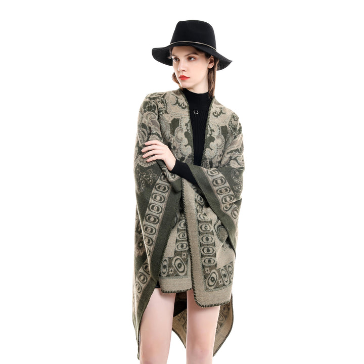 Women’s jacquard-woven oversized ruana with ornamentation and open kimono fall drape