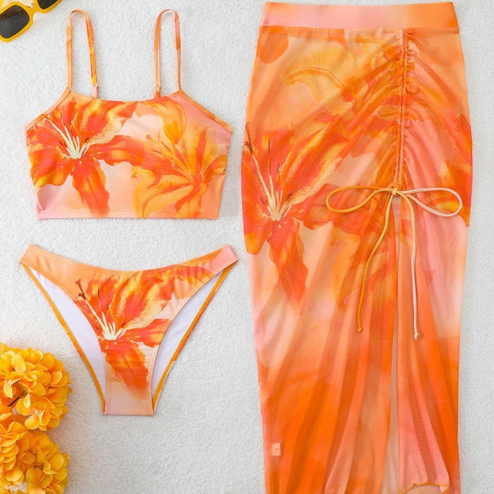Women's bikini set with floral balconette top and transparent wrap skirt Mune Fashion