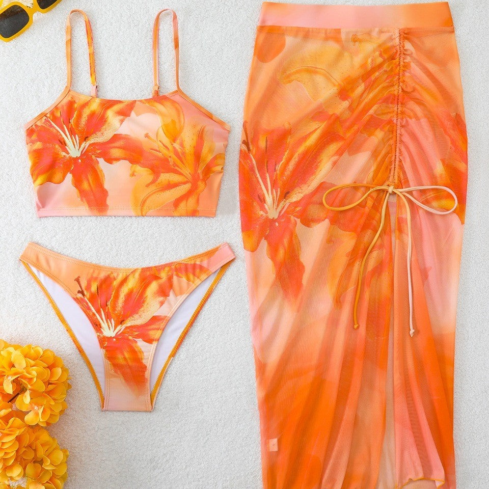 Women's bikini set with floral balconette top and transparent wrap skirt Mune Fashion