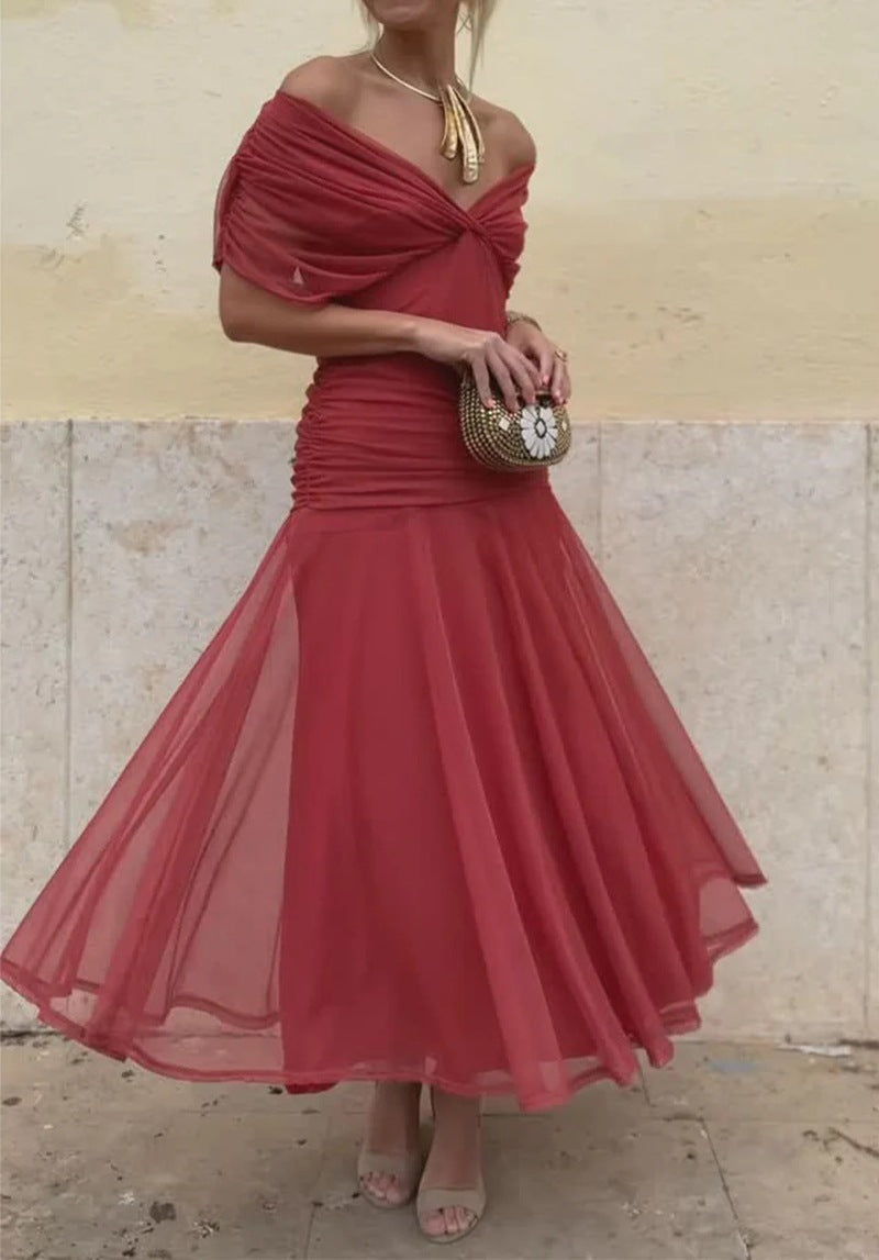 Women nan flowing evening dress with transparent chiffon capelet, V-neck and tailored draping Mune Fashion