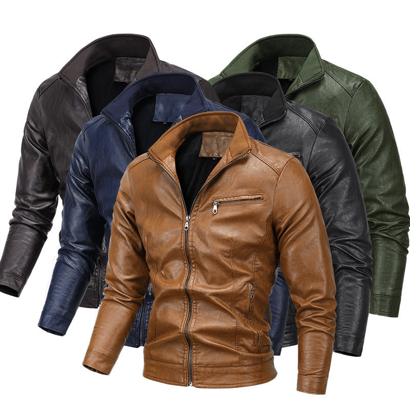 Men's Slim-Fit Faux Leather Blouson with Stand Collar and Zipper Pockets Mune Fashion