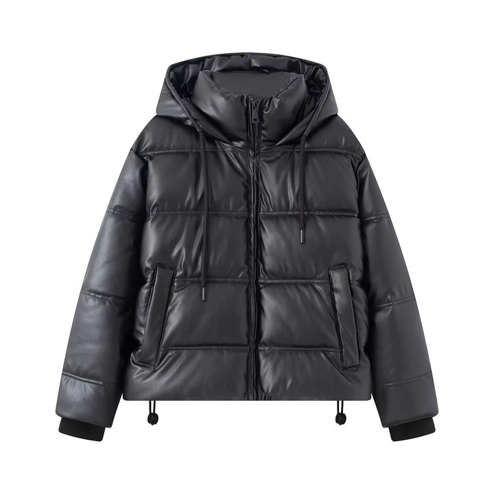 Women's Short Quilted Faux Leather Puffer Jacket with Hood, Drawstring and Side Pockets Mune Fashion