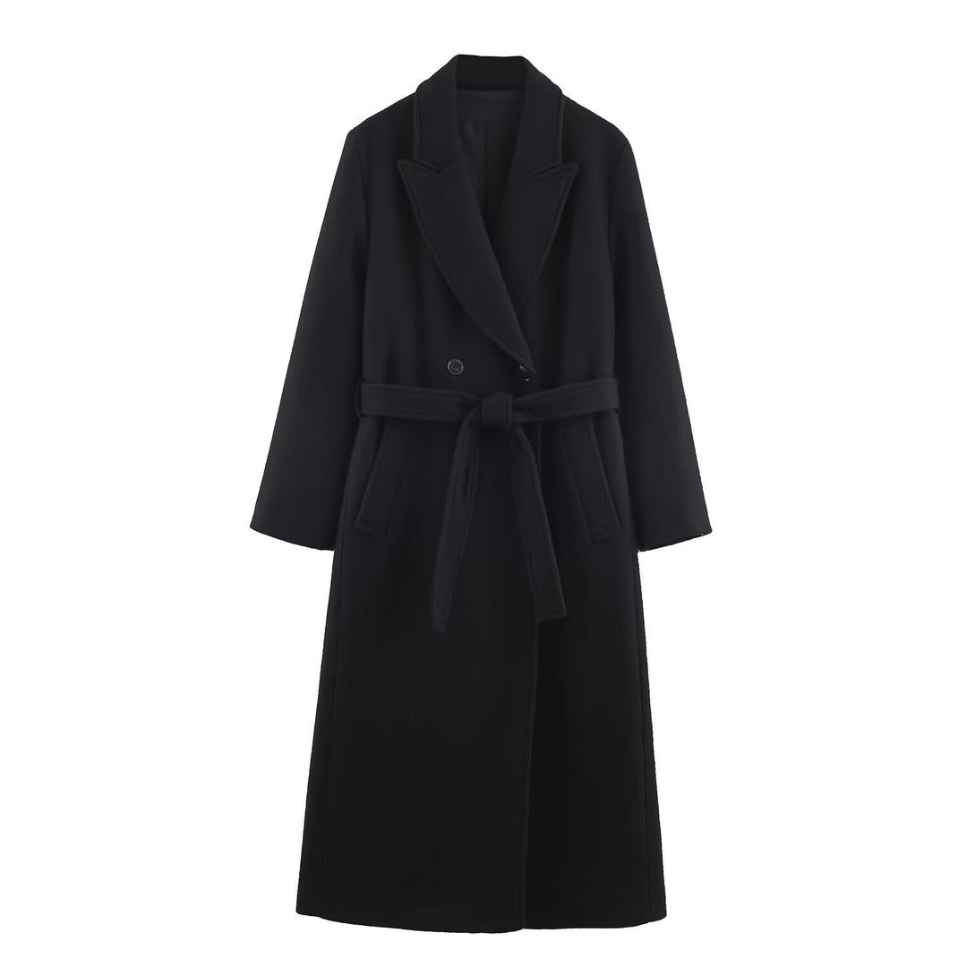 Women Long Tailored Wool Blend Coat with Tie Belt and Lapel Collar Mune Fashion