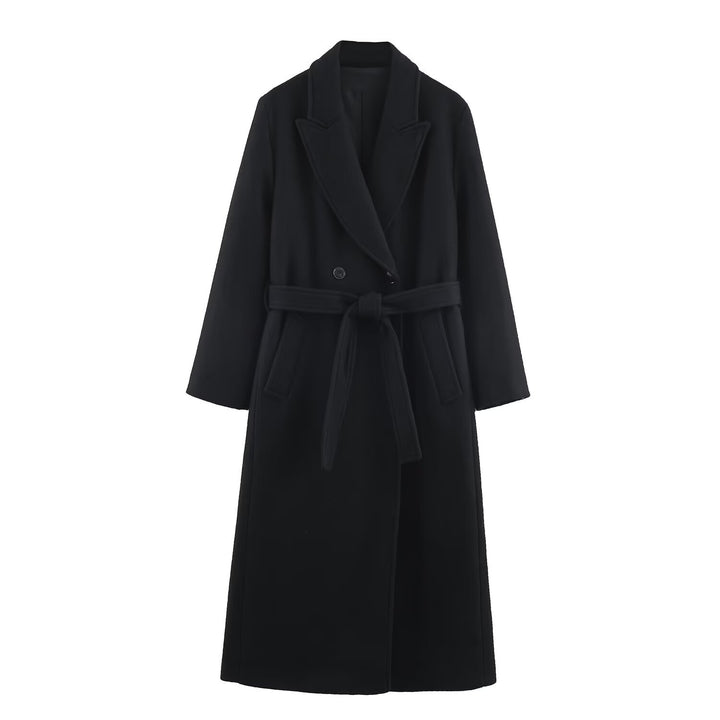 Women Long Tailored Wool Blend Coat with Tie Belt and Lapel Collar Mune Fashion