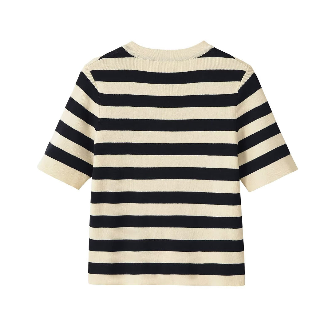 Women's Short-Sleeve Striped Cardigan with Decorative Metal Buttons Mune Fashion