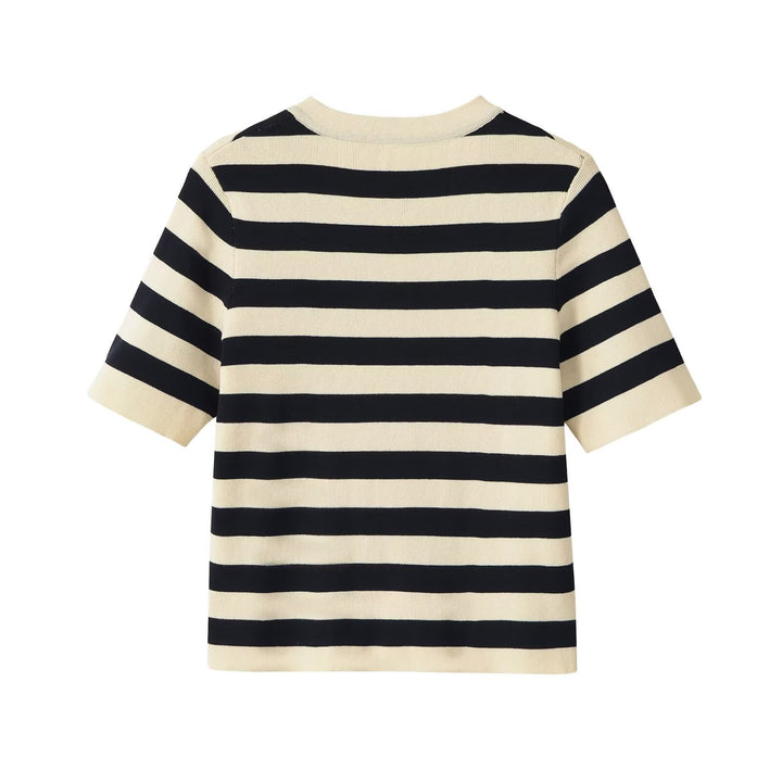 Women's Short-Sleeve Striped Cardigan with Decorative Metal Buttons Mune Fashion