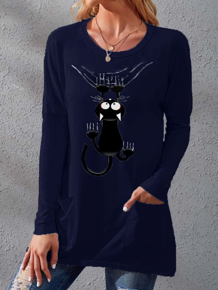 Women’s Longer Cotton Blend Tunic Shirt with Cartoon Cat Print and Side Pockets Mune Fashion