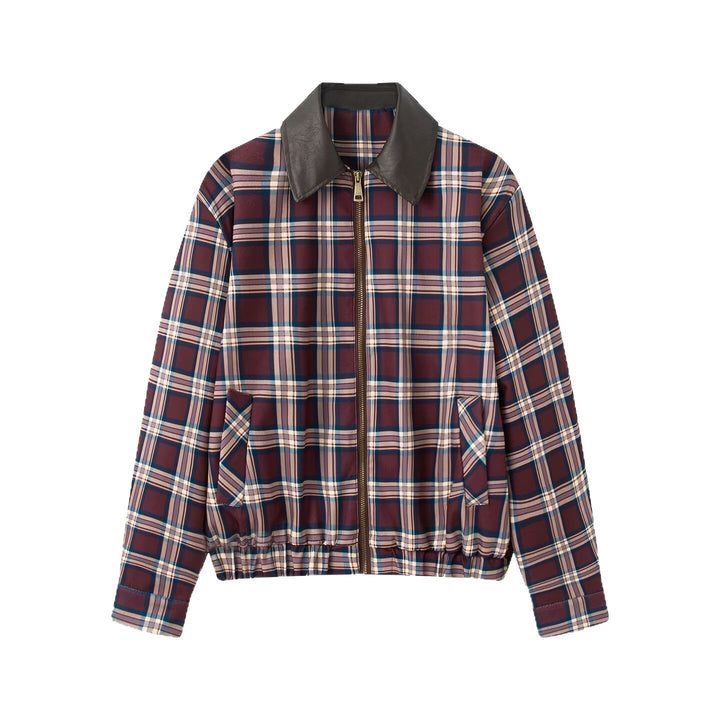 Women's Checkered Bomber Jacket in Cropped Boxy Cut with Contrasting Collar and Elastic Hem Mune Fashion