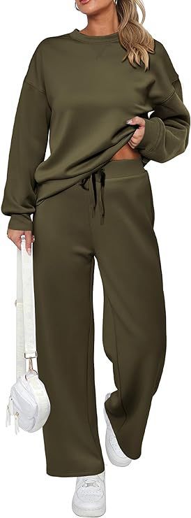 Women's two-piece French terry lounge set with oversized round neck pullover and wide high waist jogger Mune Fashion