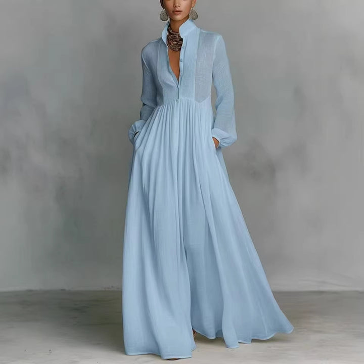 Women’s maxi dress with stand-up collar, button placket, and side pockets Mune Fashion