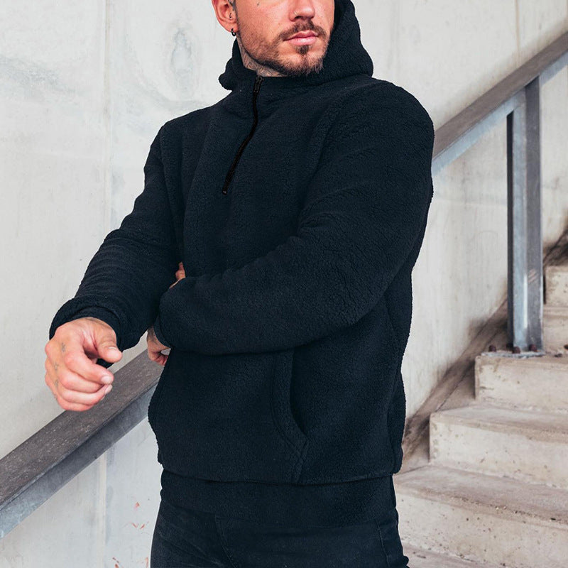 Men's cozy Sherpa hoodie with kangaroo pocket and high collar Mune Fashion